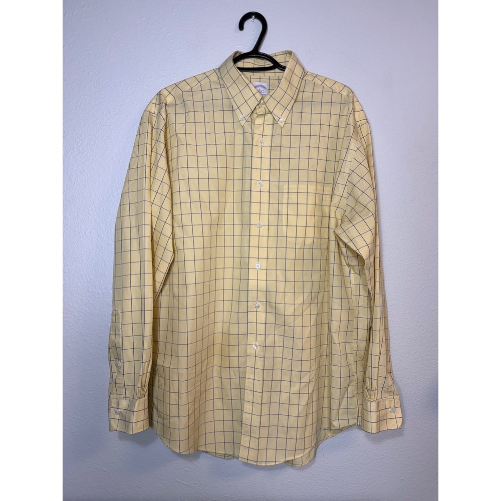Brooks Brothers 346 Mens Large Yellow Navy Windowpane Non-Iron Cotton Shirt
